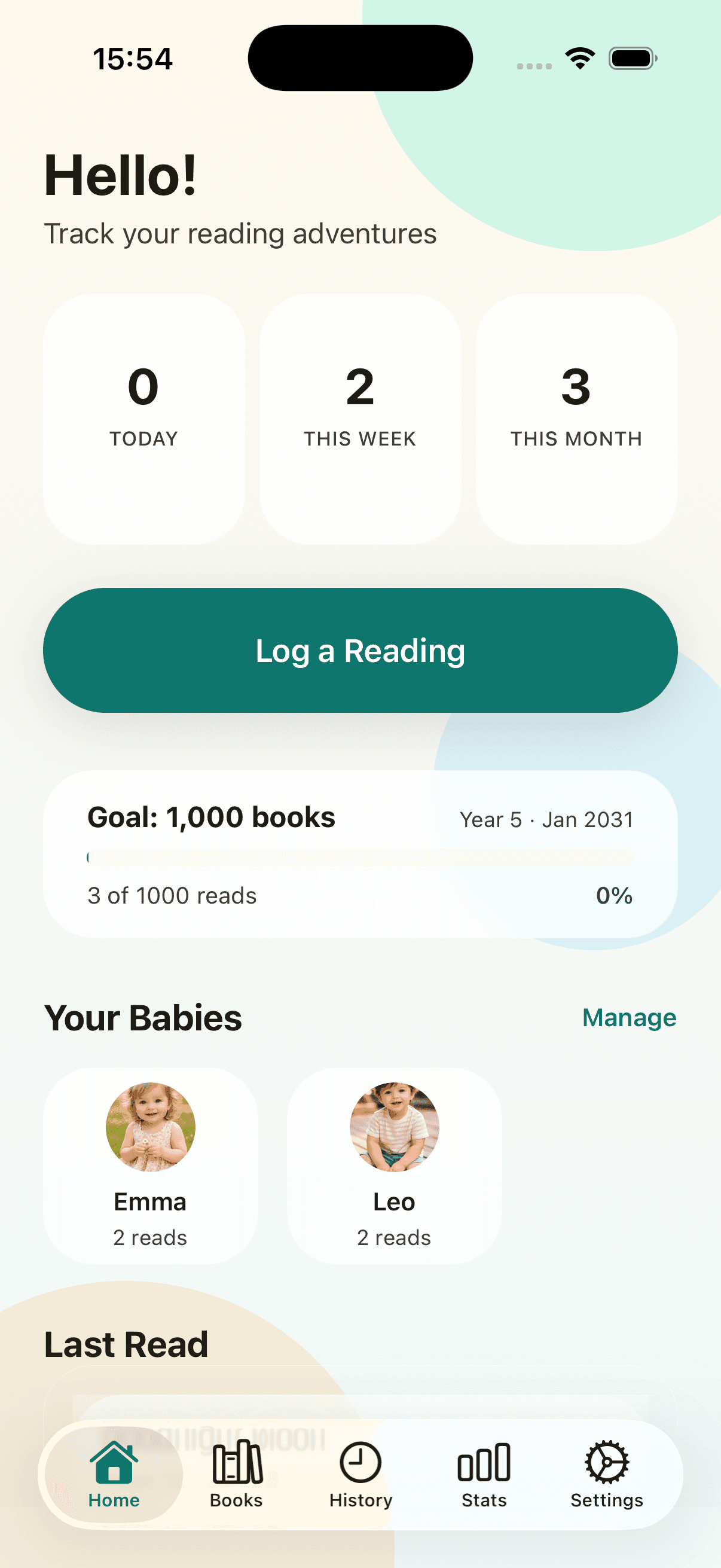 Baby Book Tracker home screen
