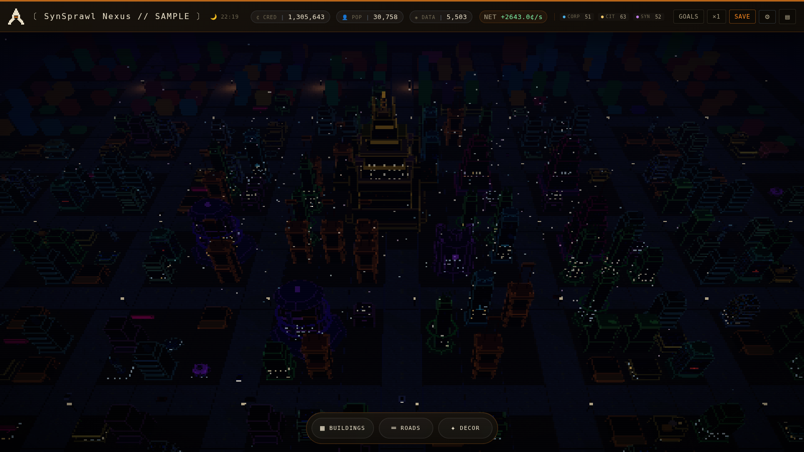 ARCOLOGY gameplay at night, with neon buildings, traffic, and weather