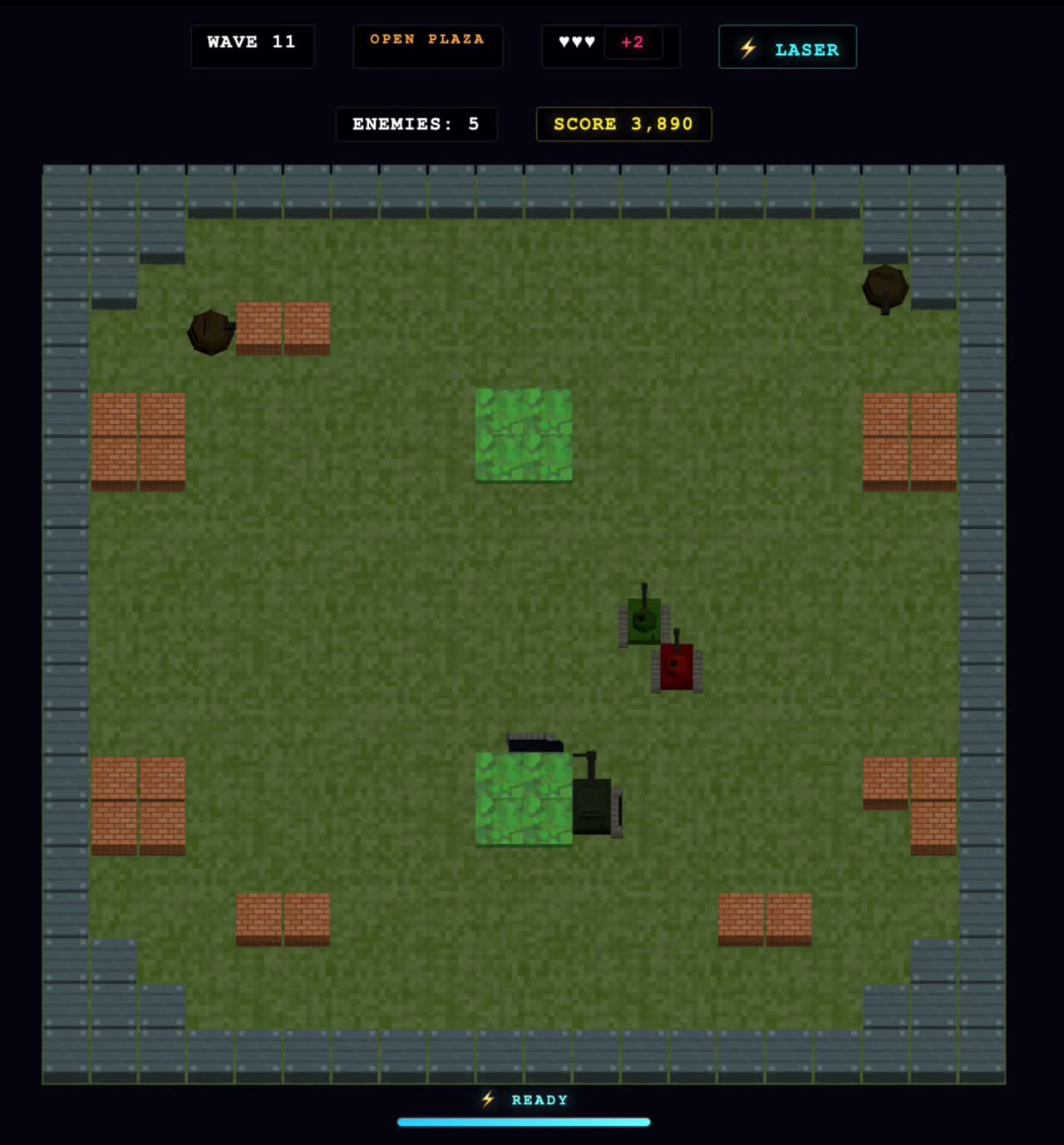 Battle Tanks gameplay: low-poly 3D tanks in a brick arena