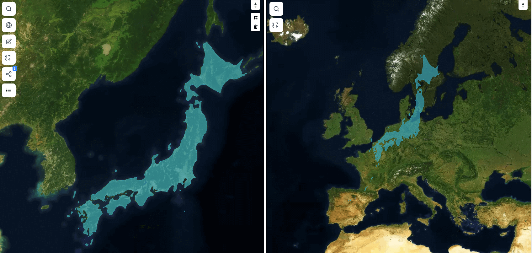 Japan's outline dragged over Europe to compare its true size