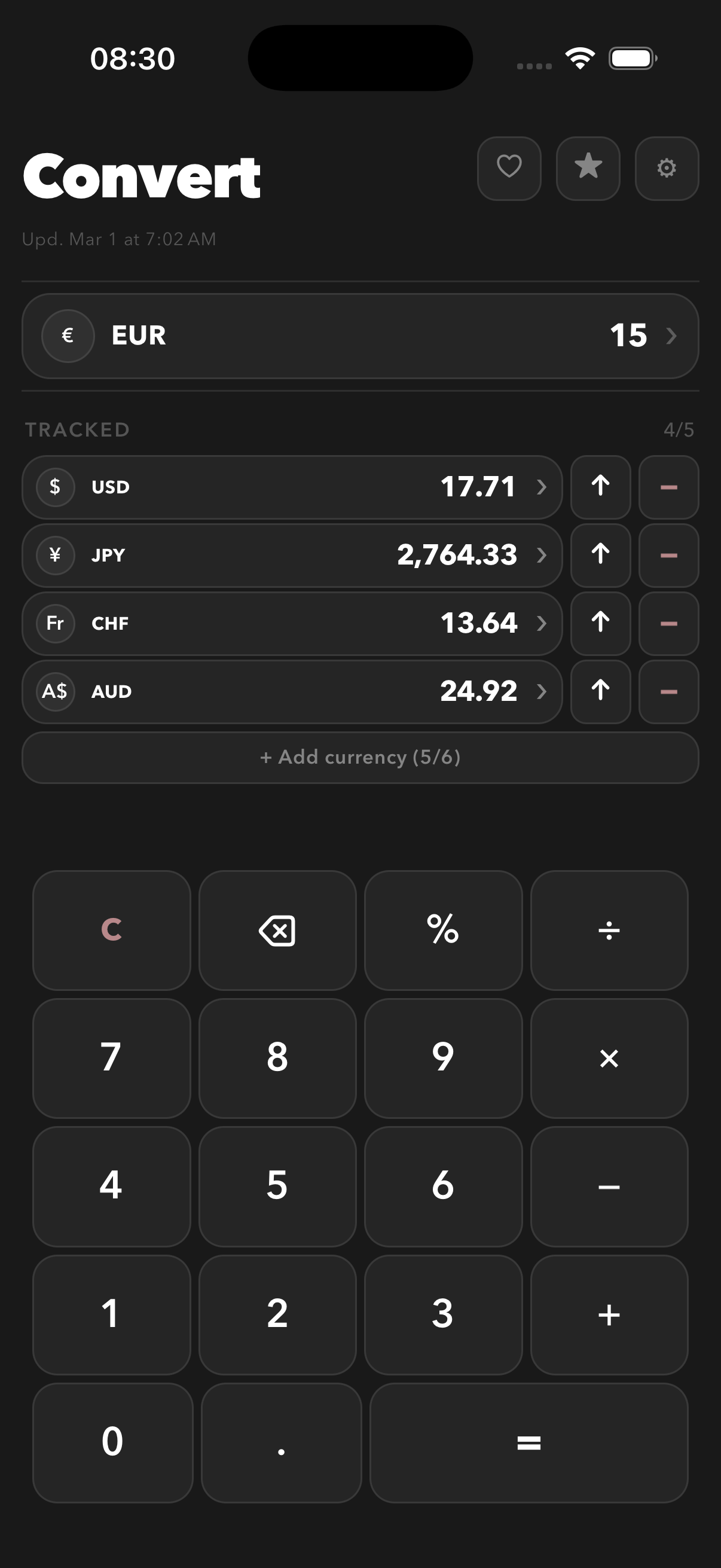 Valuta conversion screen in dark mode