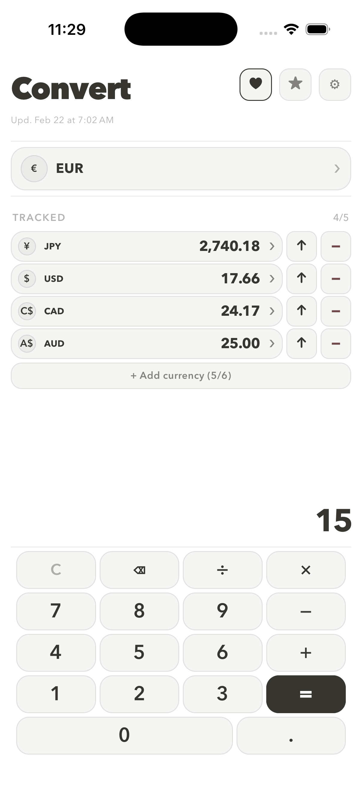 Valuta conversion screen