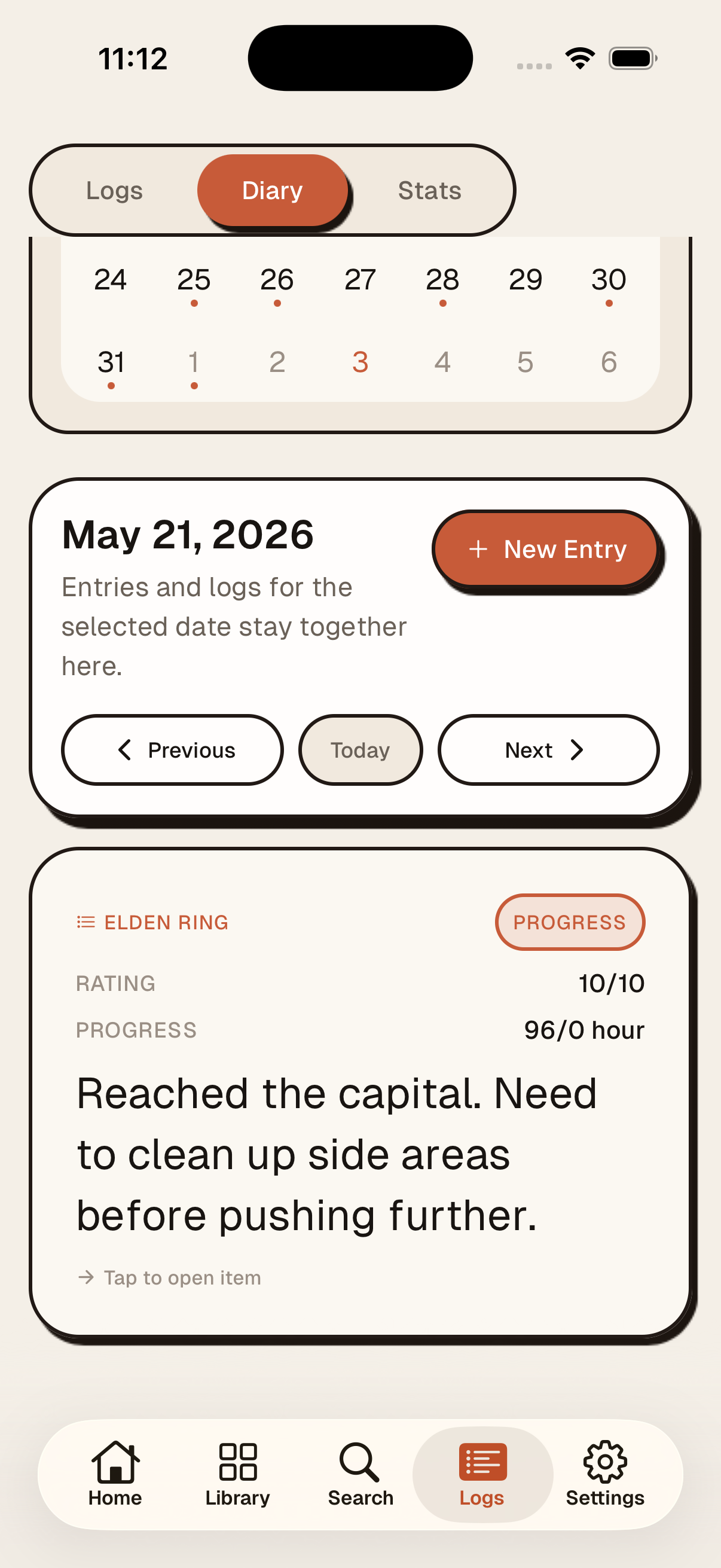 Yore diary entry screen